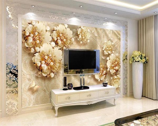 

custom murals wallpaper stereo golden european style jewelry diamond pearl flower living room tv background wall papers wallpapers