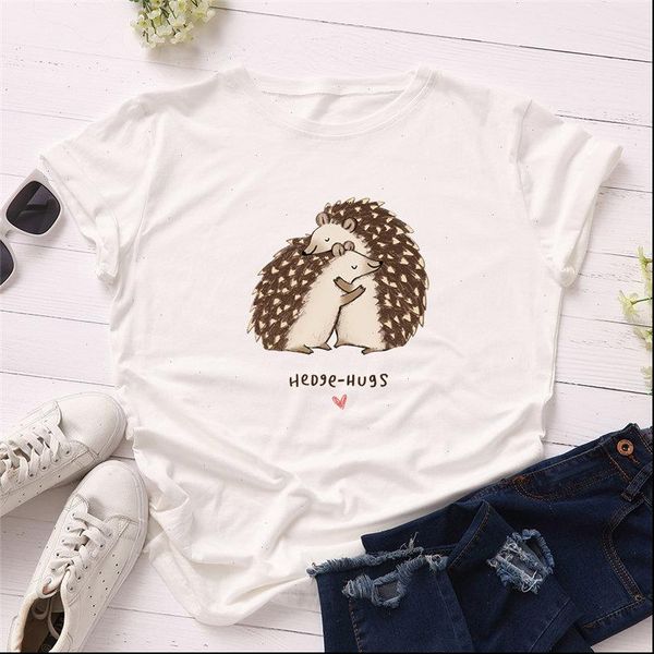

hedgehog womens hug print ladies t shirt female o neck short sleeve harajuku women fashion plus size white top