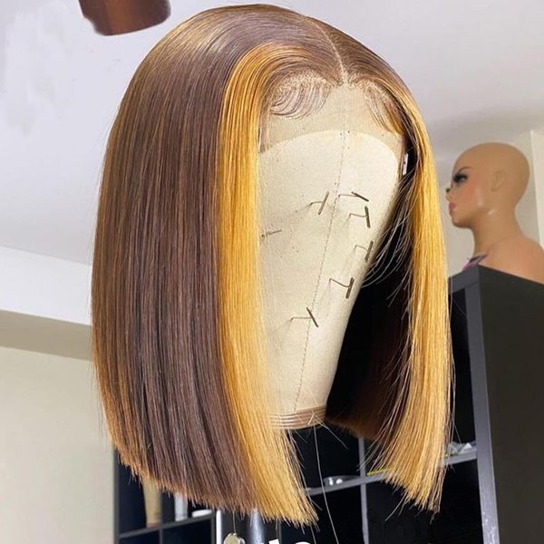

remy preplucked short cut bob straight highlight honey blonde color human hair wig 5x5 pu silk base for women with baby lace wigs, Black;brown