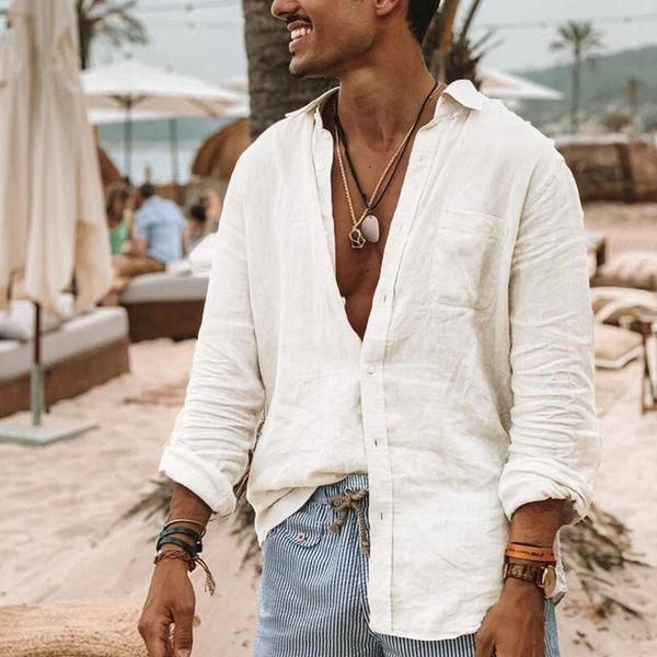 

men's casual shirts summer men beach shirt cotton linen long sleeve solid color turn down collar 2021 streetwear -3xl, White;black