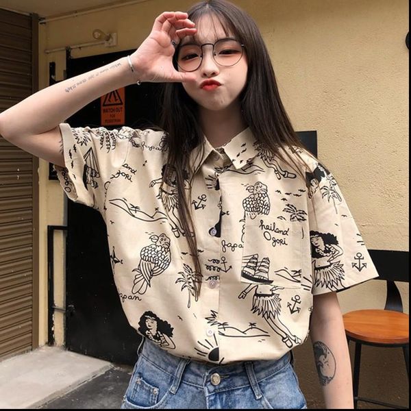 

women blouses turn down collar button and female casual print retro short sleeve shirt beach style chiffon blouse, White