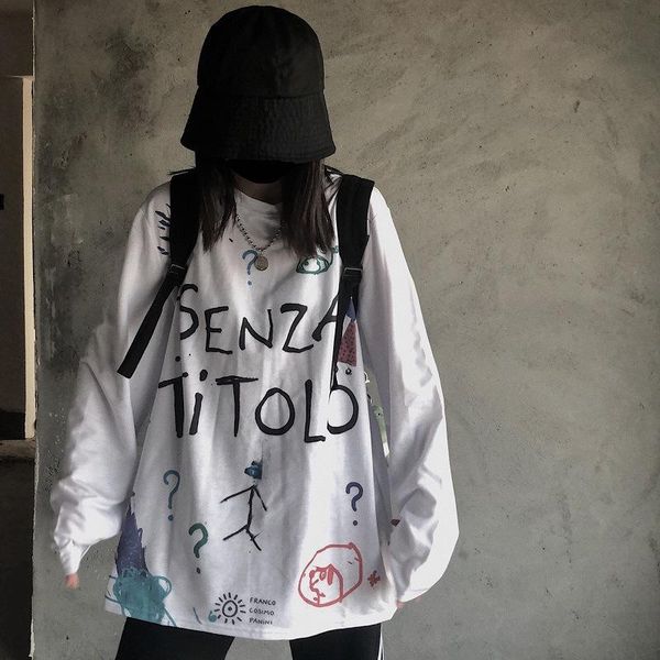 

women's t-shirt women long sleeve letter printing womens trendy all-match retro loose tees casual ulzzang daily female clothing, White