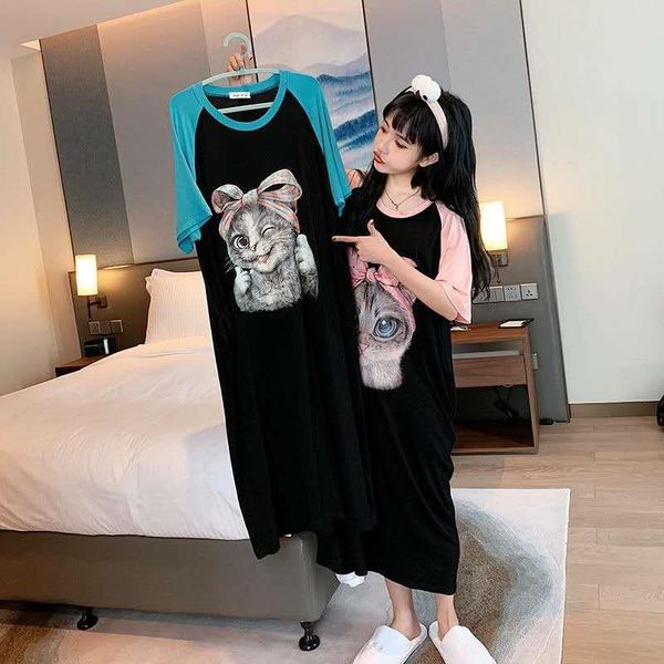 

cute night dress sweet women sleepwear girl cartoon nightgown summer cotton sleep shirt loose female long lingerie home robe gown, Black;red