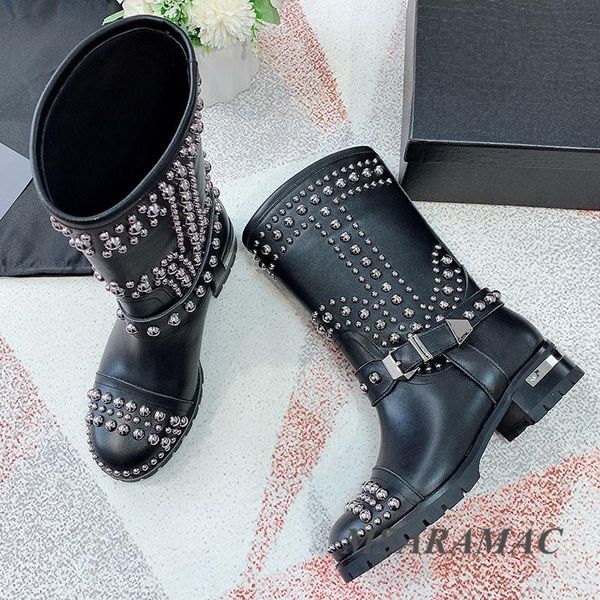 

boots punk style rivet belt buckle mid-calf leather round toe wool lining long fashion street ladies party shoes, Black
