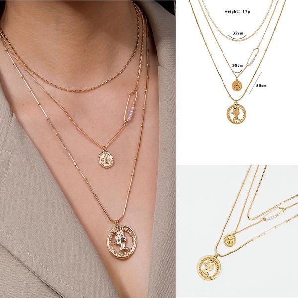 

2021multi-layer gold multifunctional clavicle necklace pendants conis hollow design queen head chain pendant chains, Silver