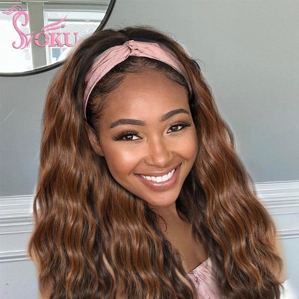 

synthetic wigs 20 inches long headband natural wave wavy brown hair with highlights for black women soku glueless machine made daily wig
