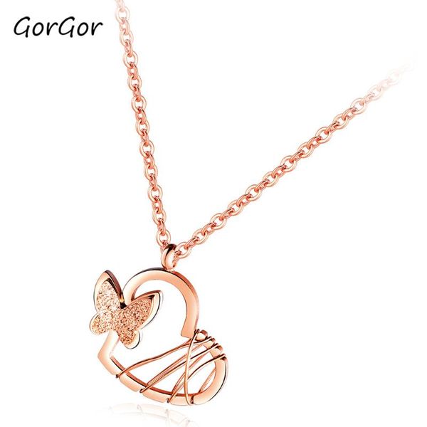 

gorgor women necklace creative heart binding shape design with matte butterfly titanium steel chains ladies fashion 1470 pendant necklaces, Silver