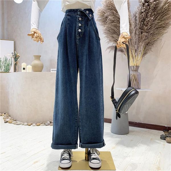 

women's jeans clothing 2021 autumn versatile student wide leg pants straight floor single breasted high waist, Blue