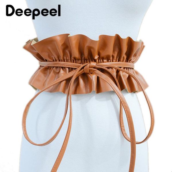 

deepeel 1pc 10cm*60-150cm women's elastic ruffle tie cummerbunds fashion female decorative waist corset wide luxury ladies belts, Black;brown