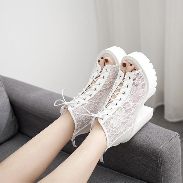 

boots high heels summer shoes punk ankle open toe thick lace up spring demonias platform, Black