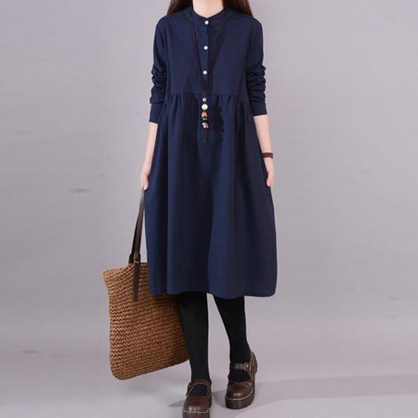 

casual dresses 2021 spring autumn dress women korea long sleeve loose a-line vintage large size cotton linen vestidos aq531, Black;gray