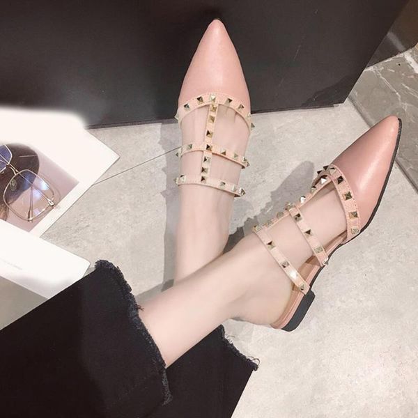 

slippers fashion luxury rivet t-strap shoes woman solid flat novel soft and breathable pointed toe elegant pink color slides, Black