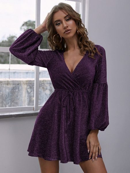 

surplice neck lantern sleeve drawstring waist glitter dress x9t4#, Black;gray