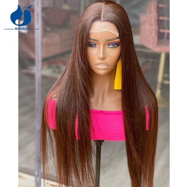 

lace wigs amethyst #4 brown silk straight human hair brazilian remy 5x5 pu base closure with baby for black women, Black;brown