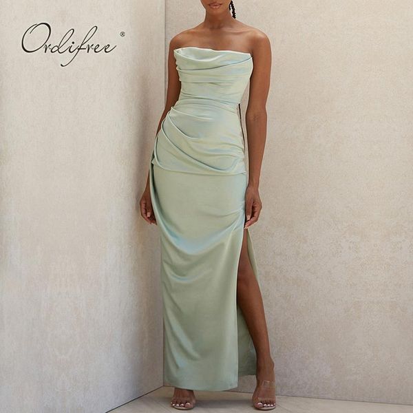 

ordi2021 summer women long party dress off shoulder split silk satin casual dresses, Black;gray