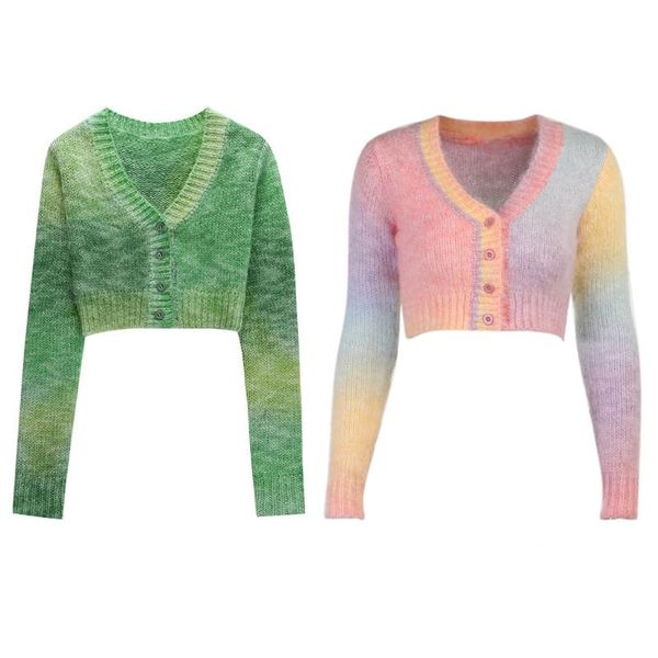 

women's knits & tees women long sleeve sweater cardigan multicolored gradient v-neck button down crop jacket slim knitwear coat, White