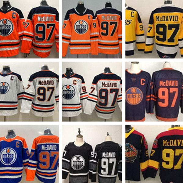 

edmonton oilers connor mcdavid jersey 97 college otters premier ohl ice hockey 50th anniversary orange white blue black man woman kids youth, Black;red