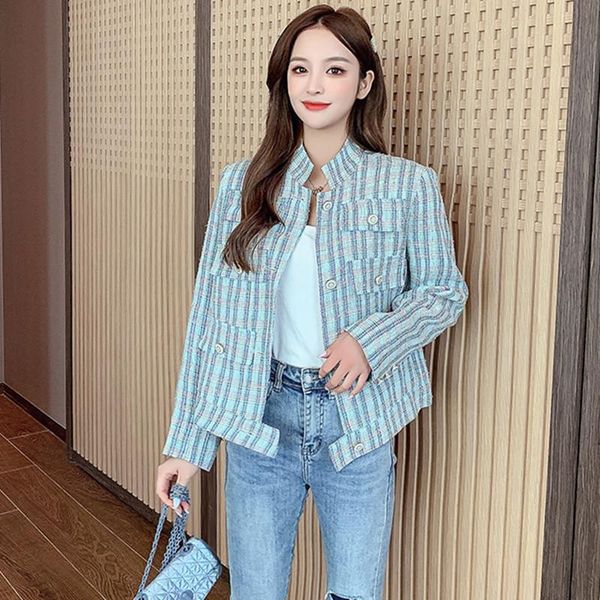 

women's jackets tweed jacket autumn and winter 2021 stand collar vintage plaid small fragrance wind outerwear coats, Black;brown