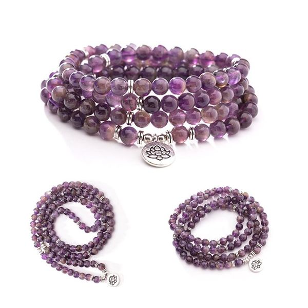 

tennis 108 mala beads wrap bracelet amethyst natural stone bracelets necklaces lotus charm fashion jewelry for women men wristband, Golden;silver