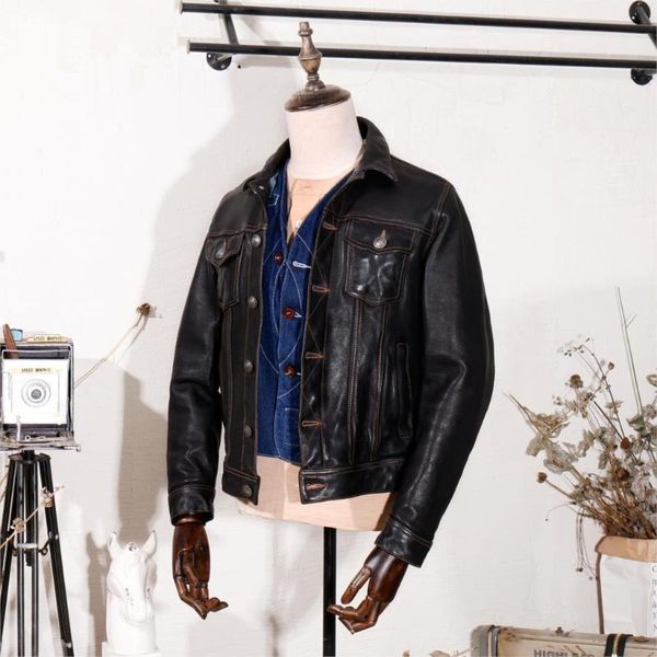 

men's leather & faux 2021 japanese-style pakistan washing vegetable tanning sheep skin silver clasp denim jacket men genuine clothes, Black