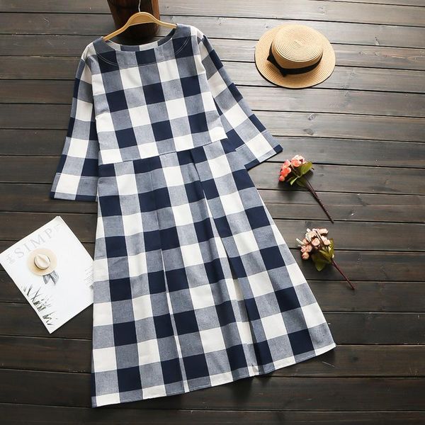 

women's wool & blends wenyisen women's autumn and winter loose long cotton linen plaid medium skirt blue waist dress, Black