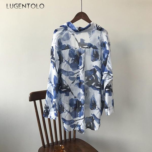 

women's blouses & shirts lugentolo autumn elegant women shirt retro printing ink female style light thin long sleeve sunscreen button, White