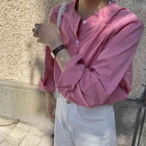 

women's blouses & shirts spring fashion gentle solid color fold design single-breasted ladies shirt all-match casual loose long-sl, White