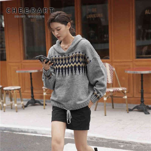 

grey argyle knitted sweater women hoodie winter pullover fashion vintage loose jumper knitwear 210427, White;black