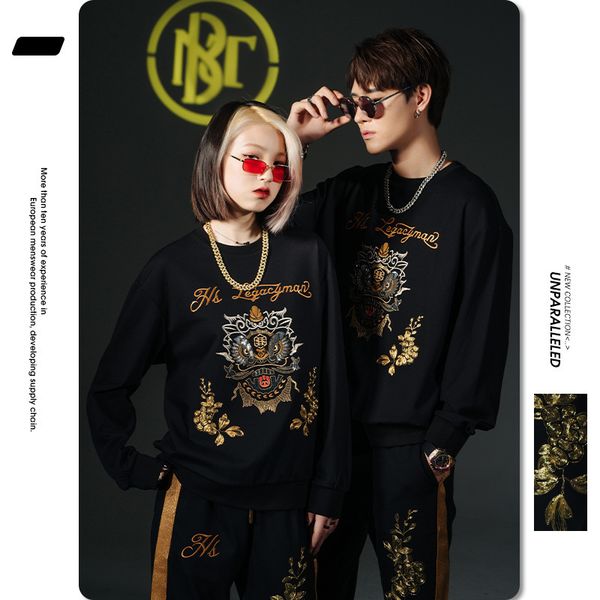 

men's sweater 2021 autumn new fashion brand chine style lion awakening embroidered round neck long sve national fashion bottomed shirt, Black