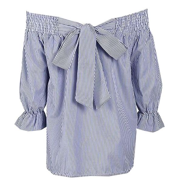 

women's blouses & shirts 2021 boho summer women slash neck bowknot backless female ladies blue striped plus size petal sleeve, White