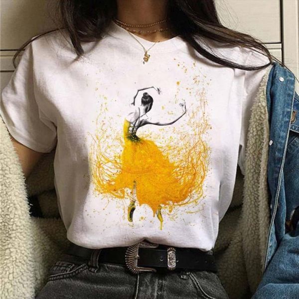 

ballet dancer print loose women short sleeve o neck tee female clothes camisetas mujer, White