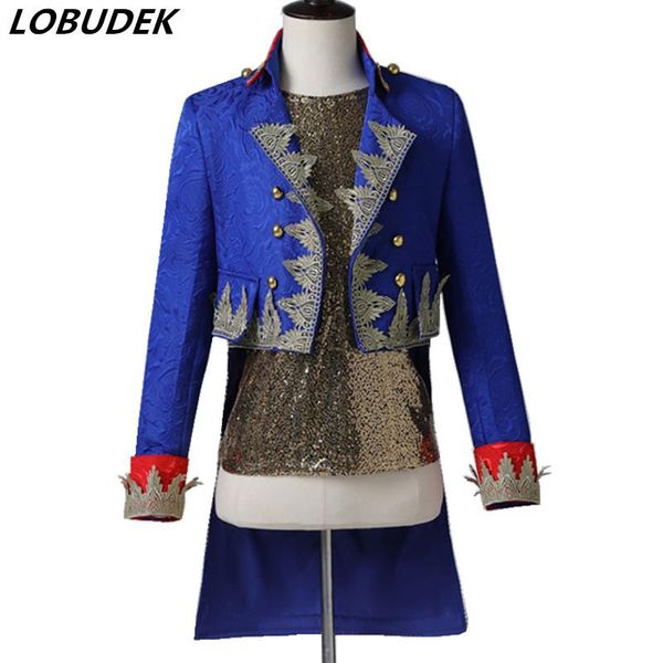 

men court tailcoat blue vintage long style embroidery jacquard blazer male singer magician host stage performance drama costume men's s, White;black