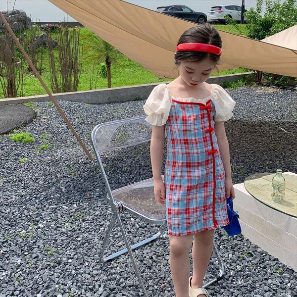 

girl's dresses 2021 summer arrival girls fashion plaid dress kids cotton princess, Red;yellow