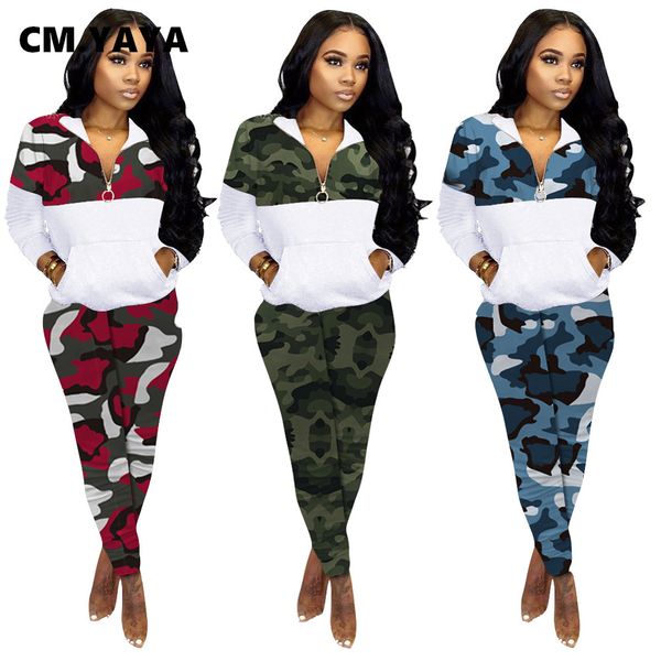 

streetwear camouflage patchwork sweatsuit womens set sweatshirt pants set active trasuit two piece fitness outfit setby air, White