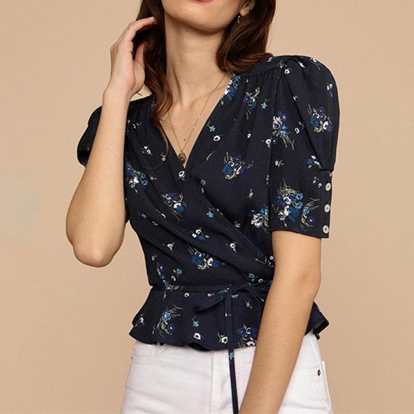 

women's blouses & shirts women v-neck floral print wrap blouse 2021 summer ladies short sleeve waist lace-up shirt and, White