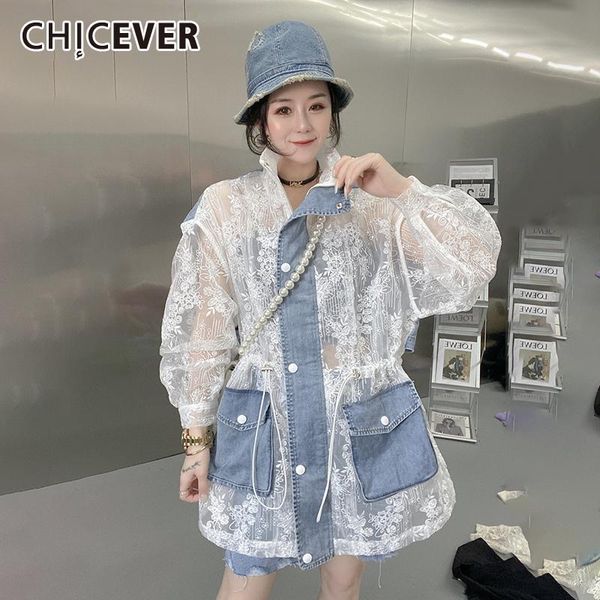 

lace coat for women stand collar long sleeve patchwork denim pockets loose coats female spring fashion 2021 women's jackets, Black;brown