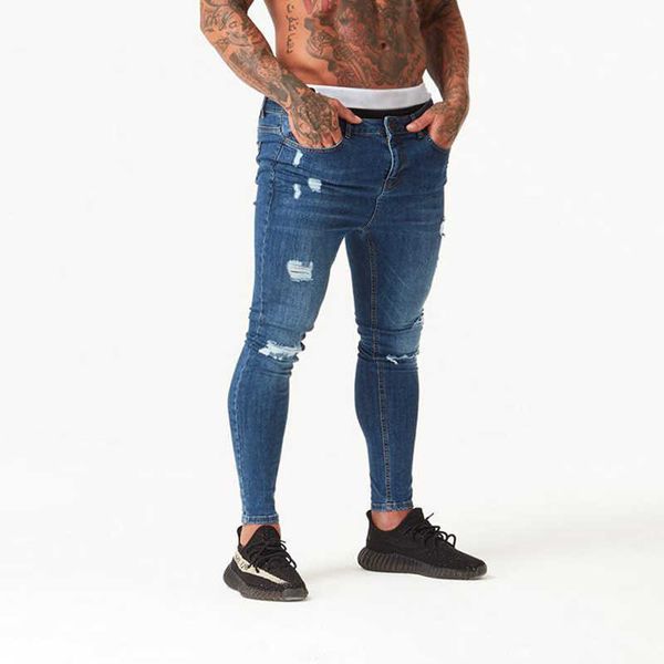 

men's jeans regular rise ripped slim fit for men tight middle waist fashion streetwear style denim pants male distressed lphy, Blue
