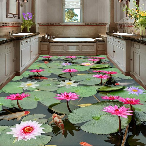 

wallpapers wellyu customized large floor thickened wear-resistant wallpaper beautiful lotus leaf carp 3d tile background