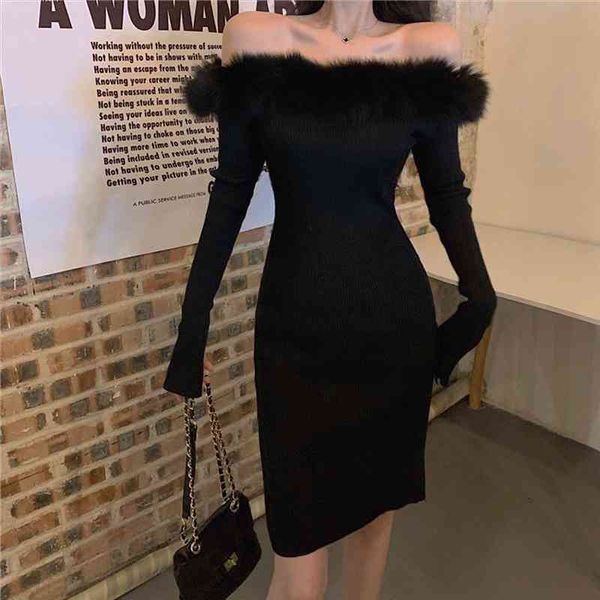 

women knitted dress winter long sleeve off shoulder white party dresses for year furry collar elegant robe, Black;gray