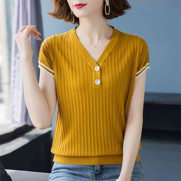 Plus Size V-Ausschnitt Kurzes gestricktes T-Shirt Koreanischer Stil Solide Strickwaren Tops Weiblicher Sommer Rippenpullover Womem's Kleidung 210522