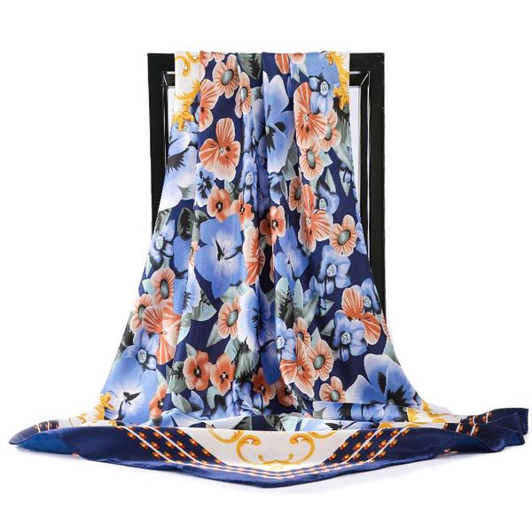 

scarves 2021 silk scarf women fashion designer beautiful flowers foulard soft satin shawl scarfs kerchief 90*90cm square neck headscarf, Blue;gray