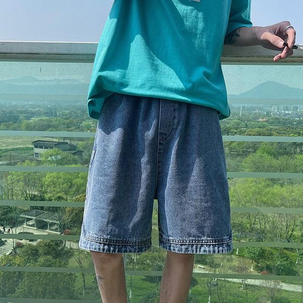 

men's jeans denim shorts summer loose light slit casual capris, Blue