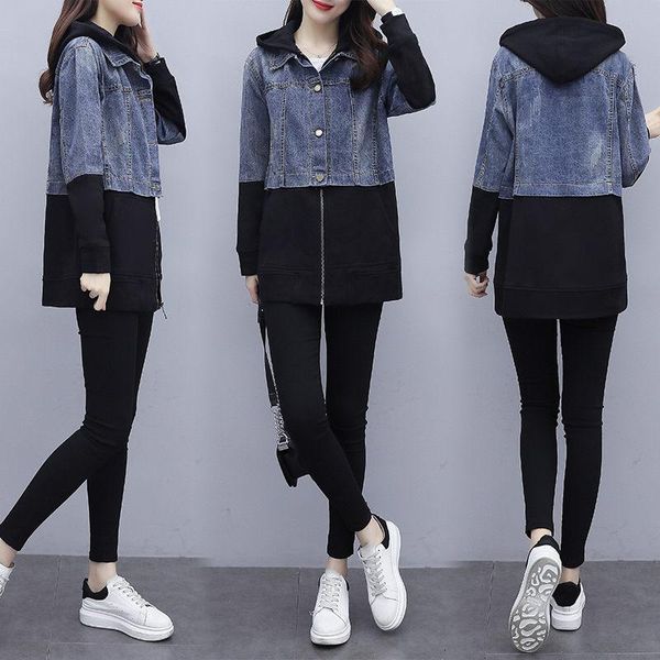 

women's jackets autumn clothing korean 2021 plus size casual hooded long sleeve stitching denim wild windbreaker jacket trend m741, Black;brown