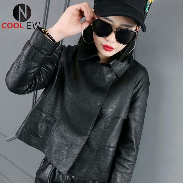 

women's leather & faux women korean style loose sheep coats suit genuine sheepskin jacket black stand collar female overcoats