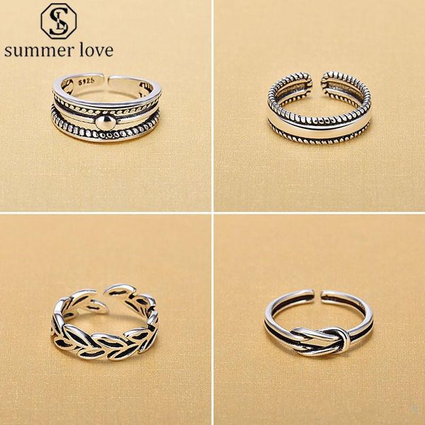 Classico retrò vintage in argento sterling 925 aperto a mano con anello a forma di foglia, anelli regolabili a cerchio per gioielli da donna, San Valentino
