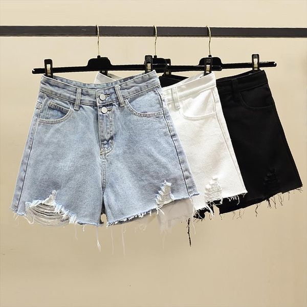 

summer classic vintage women shorts hole denim street style casual all match for high waist wide leg jeans, White;black