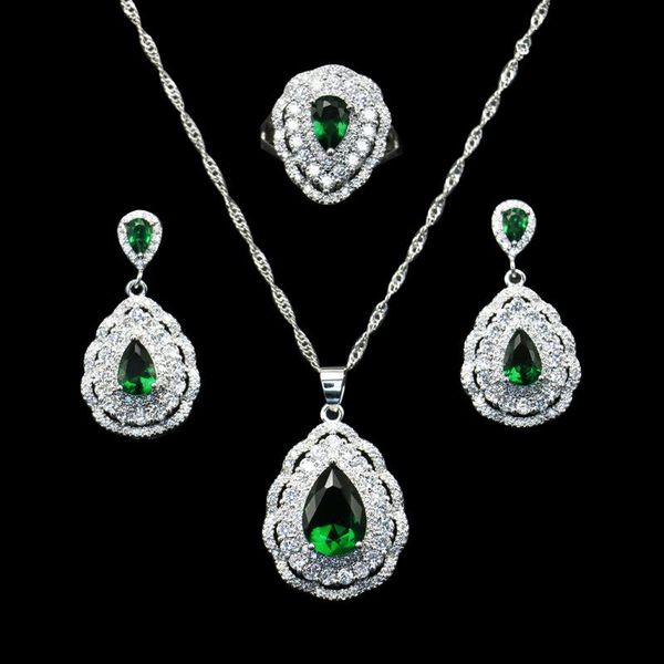 

earrings & necklace gzjy women green crystal jewelry sets 925 silver heart cut stud pendant fashion ring