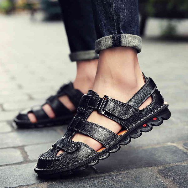 

slippers 2021 men summer sandals genuine leather casual shoes outdoor for beach roman s98r, Black