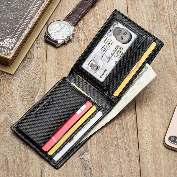 

wallets carbon fiber short wallet with pos id window big capacity male money purse fit for 4 cards holder, Red;black