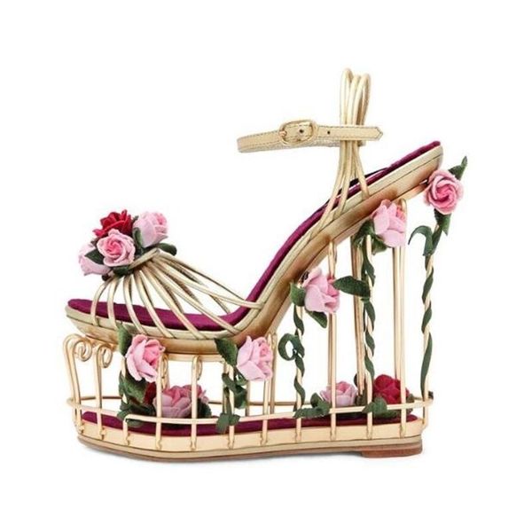 

rose gold metal striped wedge sandal woman cutouts heel flower runway party dress shoes vintage bird cage ladies sandals, Black